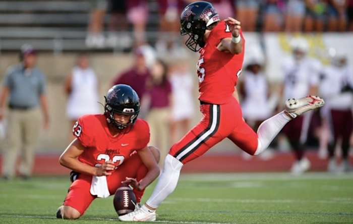 Future Indiana Hoosier Nicolas Radicic lines up to kick for Coppell High School.